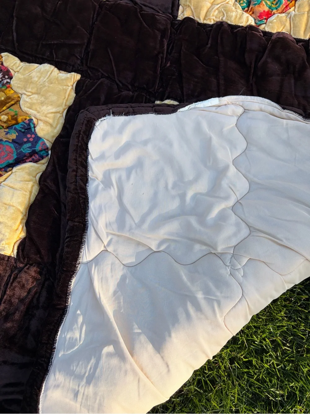 Vintage 70s 1970 patchwork quilted velvet velour quilt comforter blanket boho
